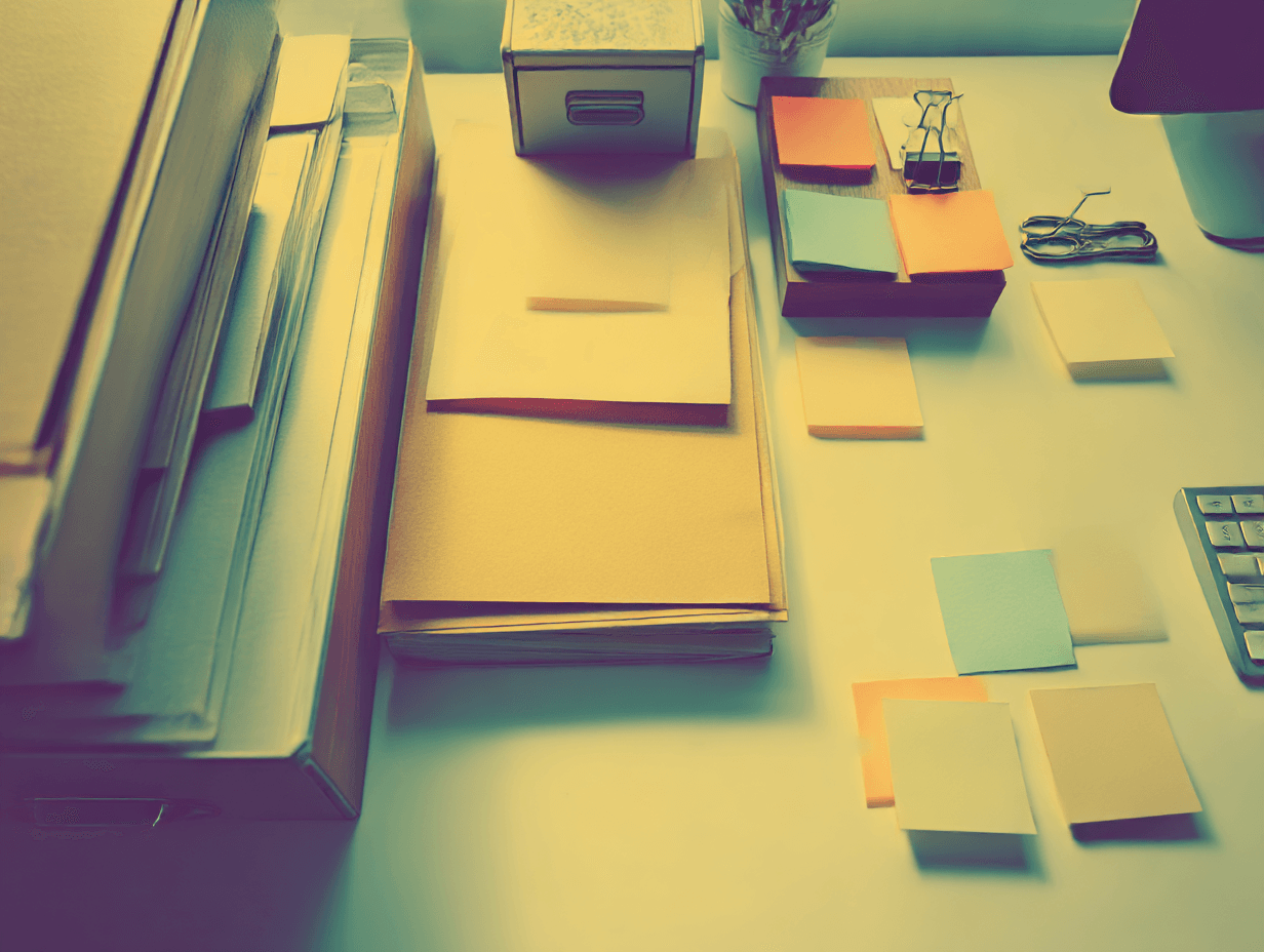 Paperwork, folders, and colorful sticky notes spread across a work desk.